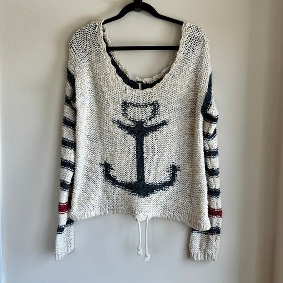Free People Sailor Knit Pullover Sweater Top White Blue Stripe Long Sleeve Sz L - Picture 1 of 6